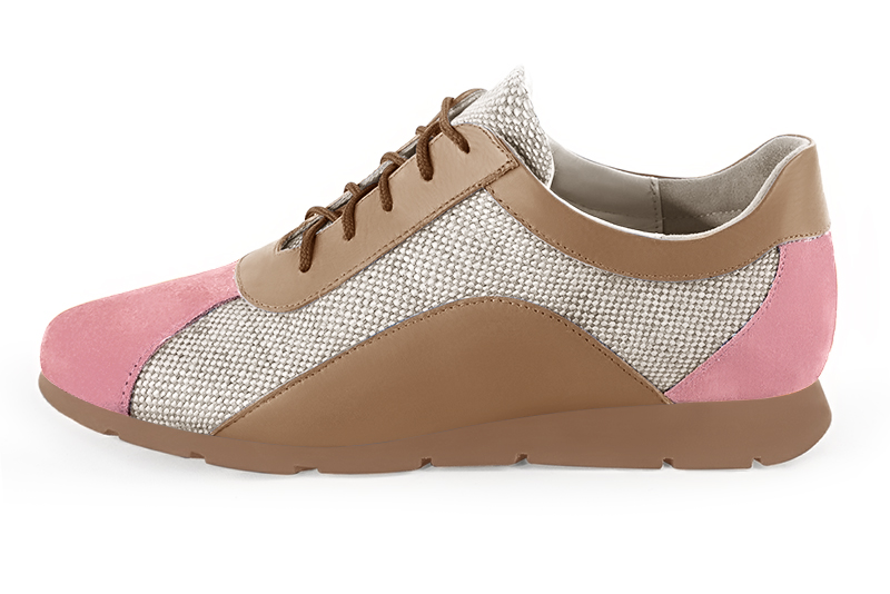 Carnation pink and natural beige women's three-tone elegant sneakers. Round toe. Flat rubber soles. Profile view - Florence KOOIJMAN